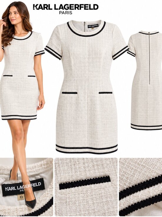 Karl Lagerfeld Dresses & Skirts - Karl Lagerfeld Paris Women's Size 12 Ivory Black Tweed Short Sleeve Shift Dress